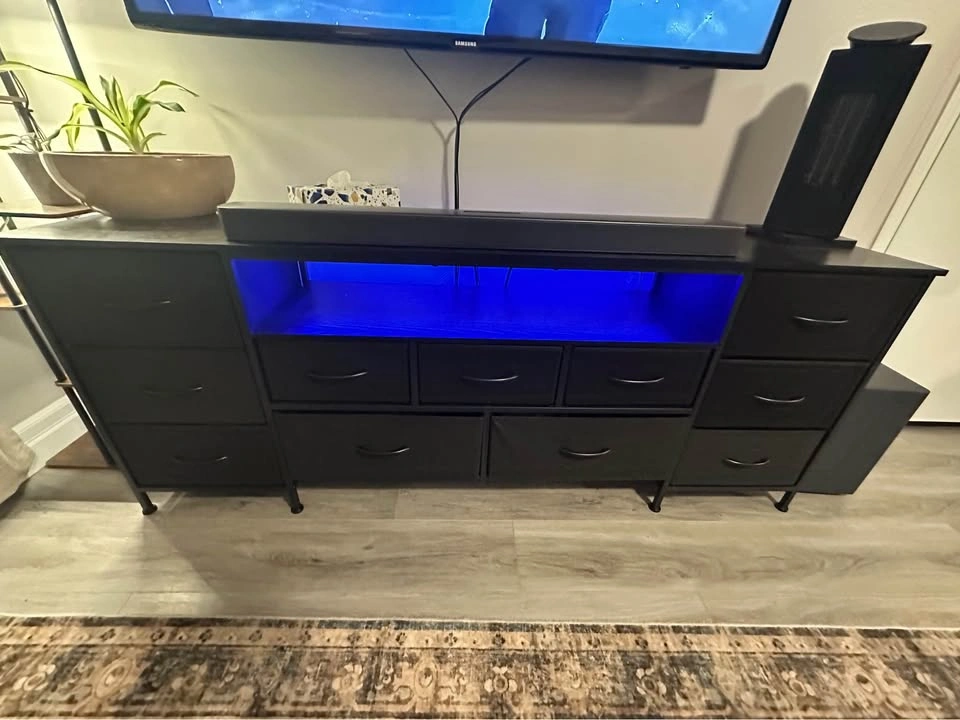 Black TV Stand with Fabric Drawers and LED Lights - photo 2