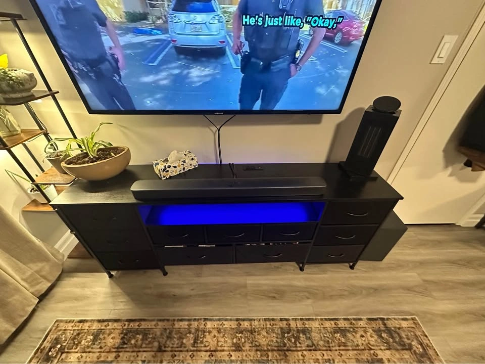Black TV Stand with Fabric Drawers and LED Lights - photo 3