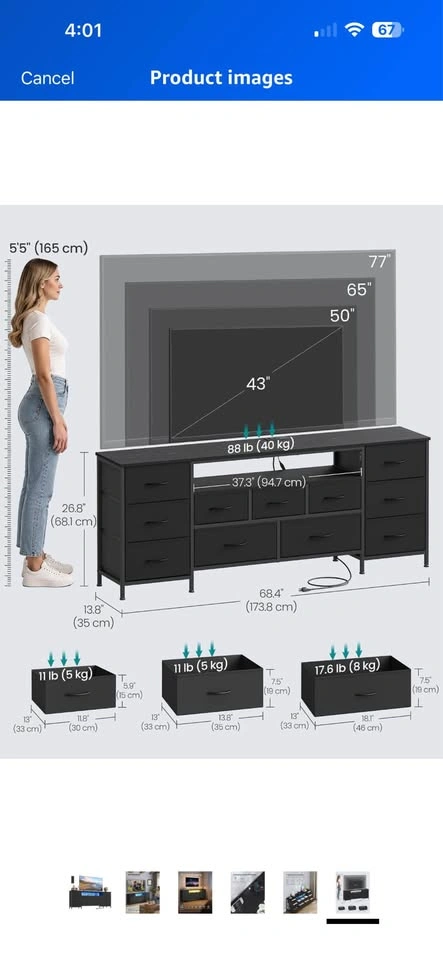Black TV Stand with Fabric Drawers and LED Lights - photo 4