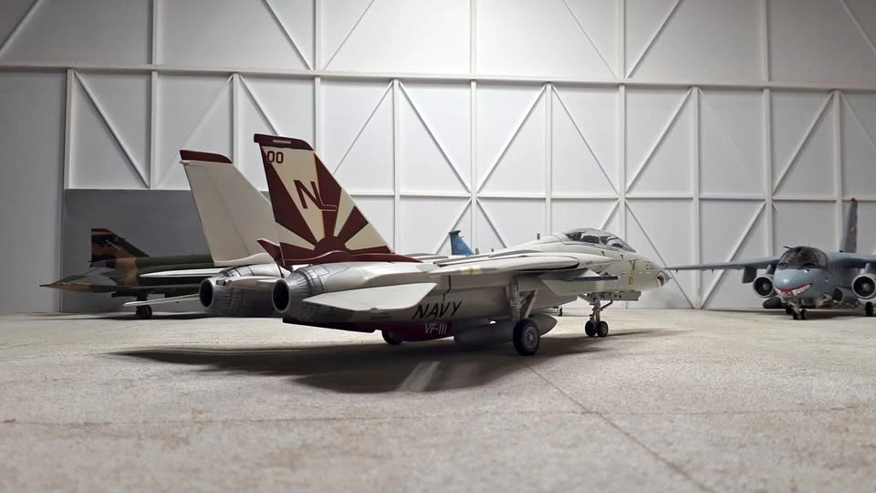 Completed 1/48th scale F-14A Tomcat plastic model aircraft