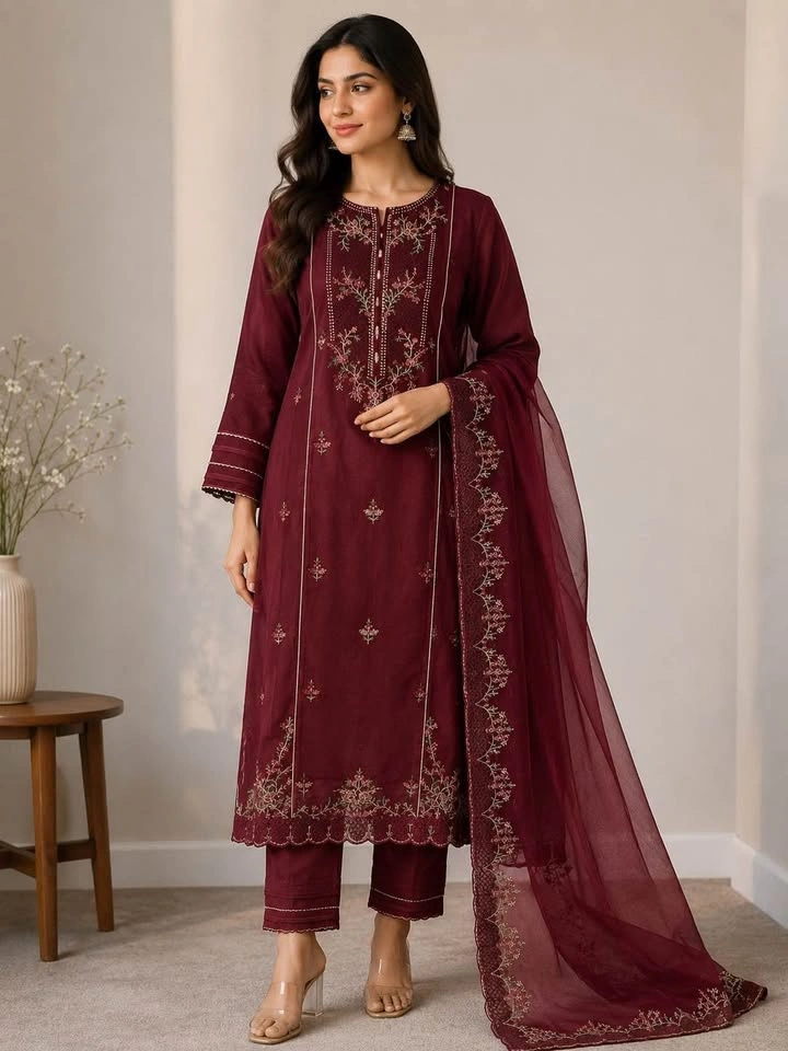 Maroon Embroidered Salwar Kameez Set - photo 2