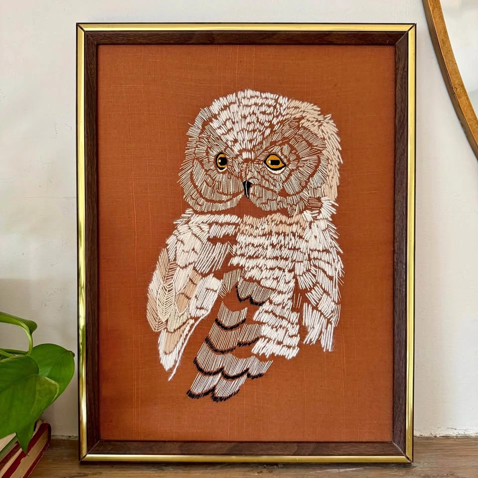 Vintage Owl Embroidery Wall Art | 1970s MCM Boho Framed Textile