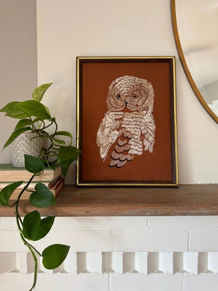 Vintage Owl Embroidery Wall Art | 1970s MCM Boho Framed Textile - photo 2