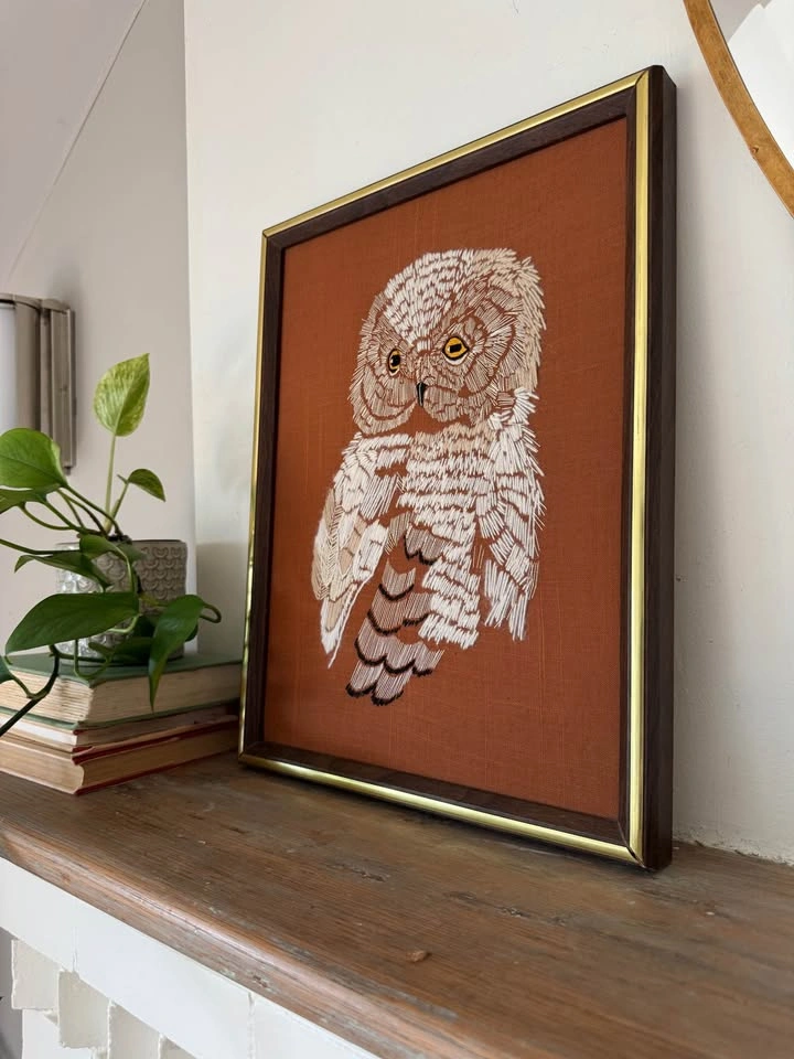 Vintage Owl Embroidery Wall Art | 1970s MCM Boho Framed Textile - photo 3