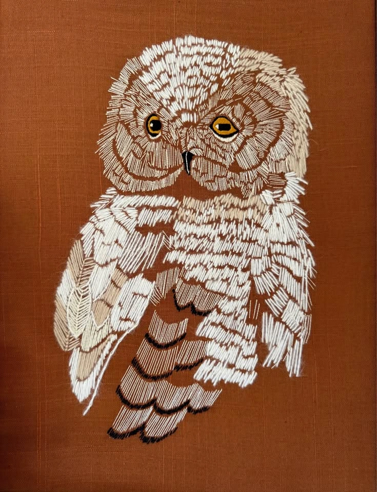 Vintage Owl Embroidery Wall Art | 1970s MCM Boho Framed Textile - photo 4