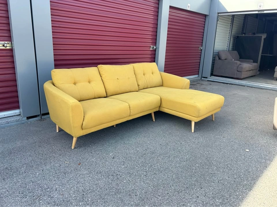 Mustard yellow Structube sectional with a chaise and wood legs - photo 2