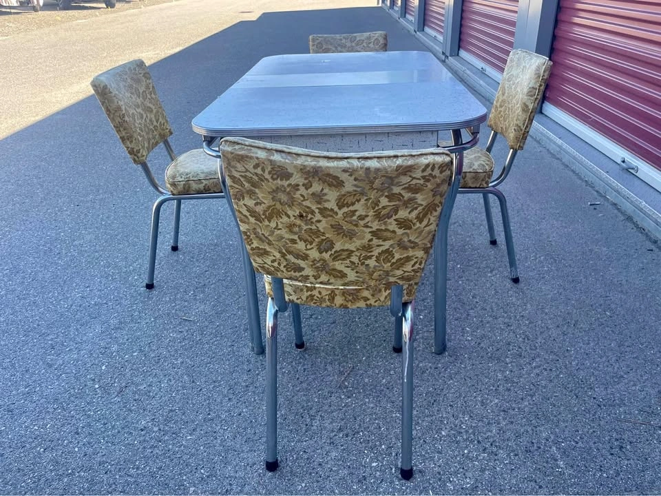 Vintage 1950s Chrome Dinette Set With Gold Floral Chairs