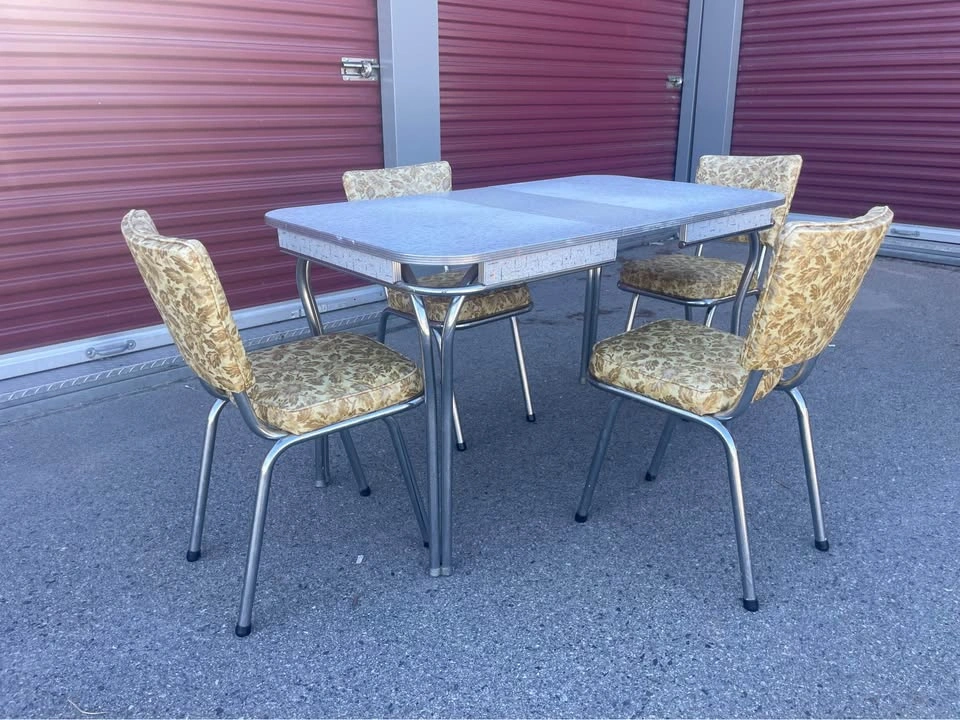 Vintage 1950s Chrome Dinette Set With Gold Floral Chairs - photo 2