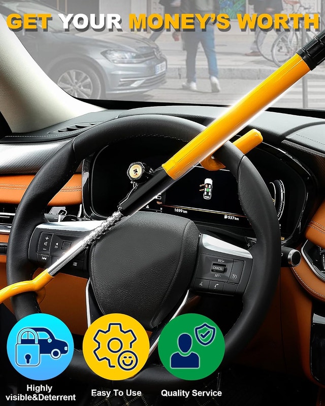 Tevlaphee Steering Wheel Lock Anti Theft Device Adjustable 3 Key