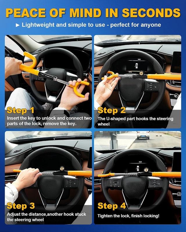 Tevlaphee Steering Wheel Lock Anti Theft Device Adjustable 3 Key - photo 2