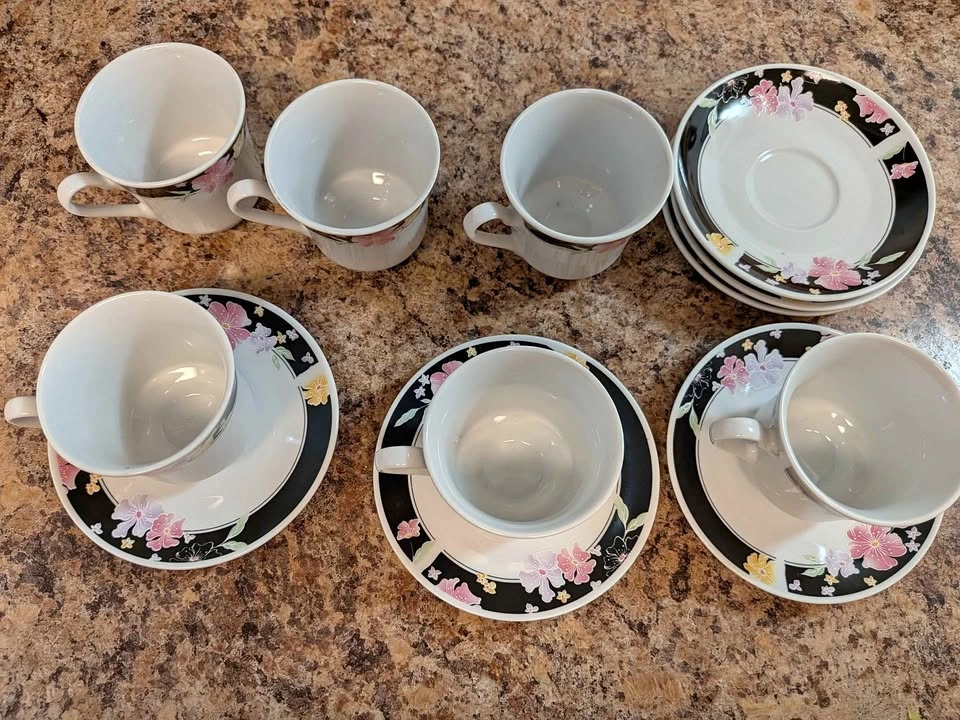 Set of 6 Espresso Cups w/Matching Saucers, White/Black & Flowers