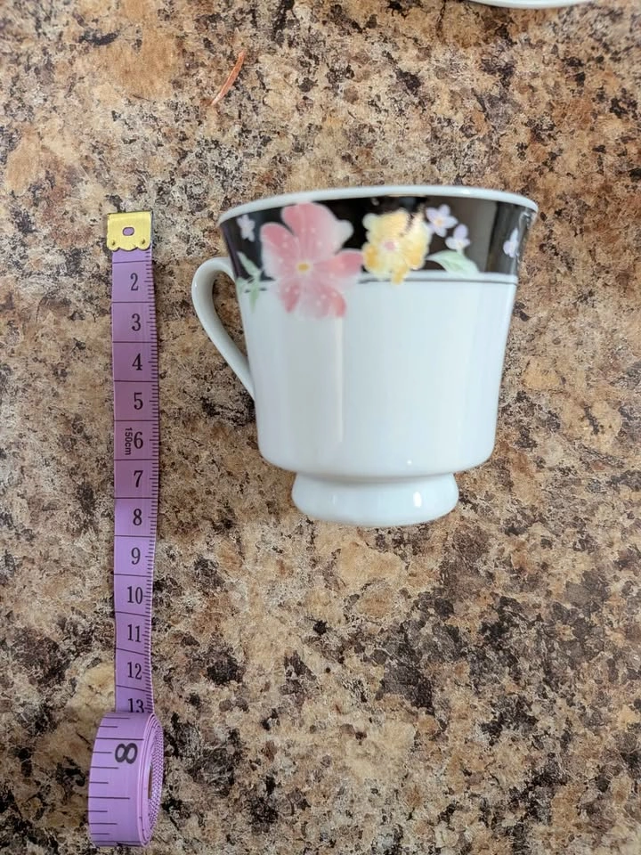 Set of 6 Espresso Cups w/Matching Saucers, White/Black & Flowers - photo 2