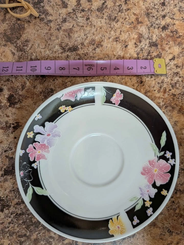 Set of 6 Espresso Cups w/Matching Saucers, White/Black & Flowers - photo 4
