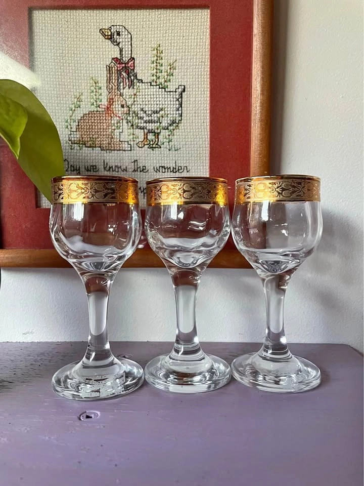 Set of 3 Vintage Italian Gold Rim Small Shot Glasses