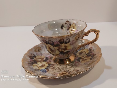 Tea Cup and Saucer Set Roses Floral with Gold Trim. Made in Japa
