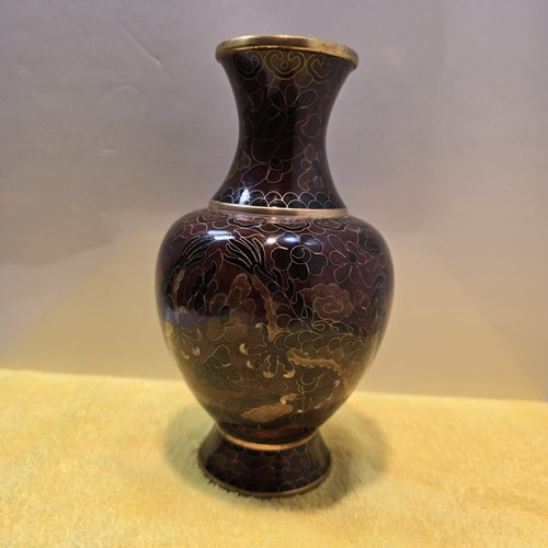 Vintage Chinese Dragon Enamel Cloisonné Brass Vase 8”