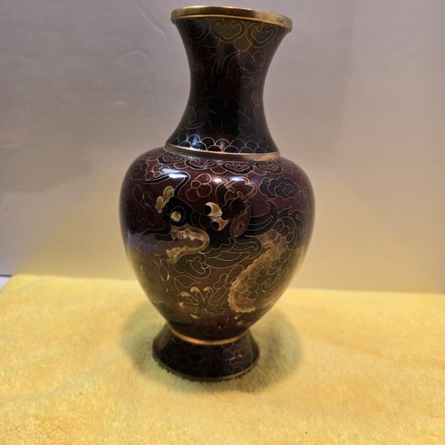 Vintage Chinese Dragon Enamel Cloisonné Brass Vase 8” - photo 4