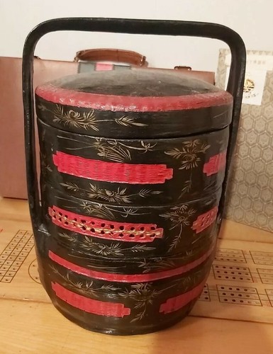 Antique Wooden Chinese Stacking Wedding Basket Black & Red