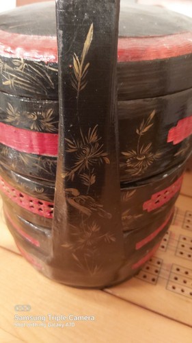 Antique Wooden Chinese Stacking Wedding Basket Black & Red - photo 4