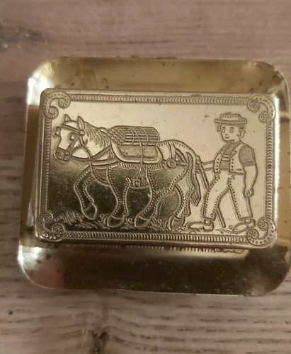 Vintage Golden Tone Match Box Holder Cowboy Etched w/ Tray