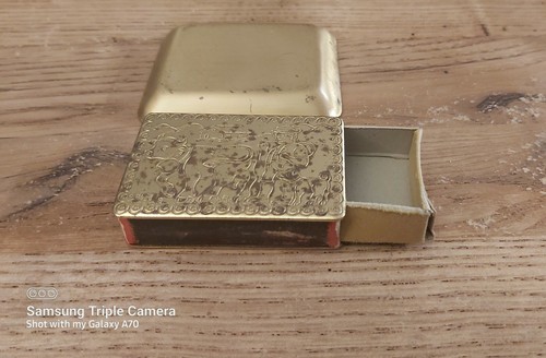Vintage Golden Tone Match Box Holder Cowboy Etched w/ Tray - photo 3
