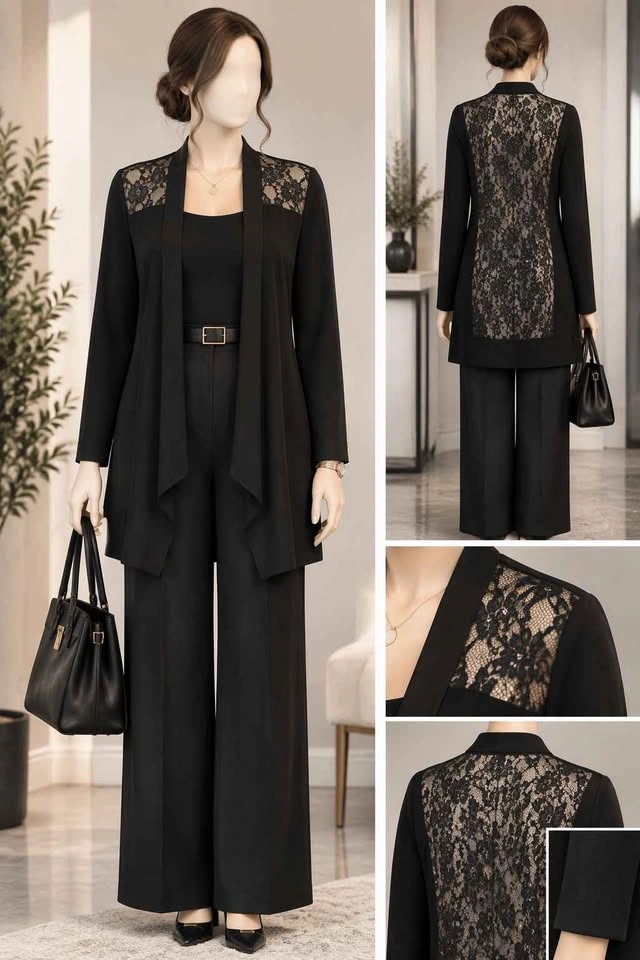 Elegant Black Lace-Back Drape Jacket Set - photo 2