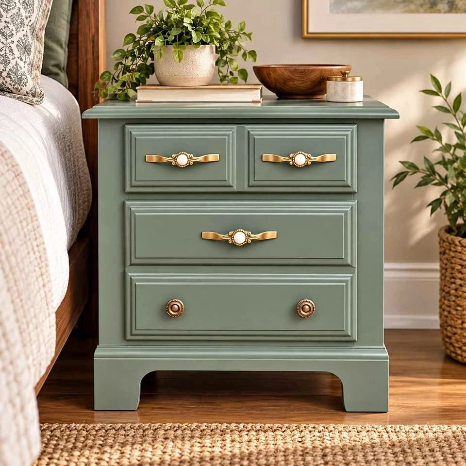 Vintage Sage Green Nightstand Refinished – Antique Brass Hardwar