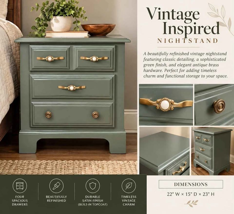 Vintage Sage Green Nightstand Refinished – Antique Brass Hardwar - photo 3