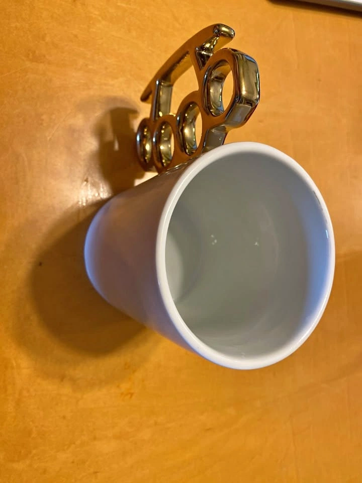 White Ceramic Mug Gold Knuckle Handle