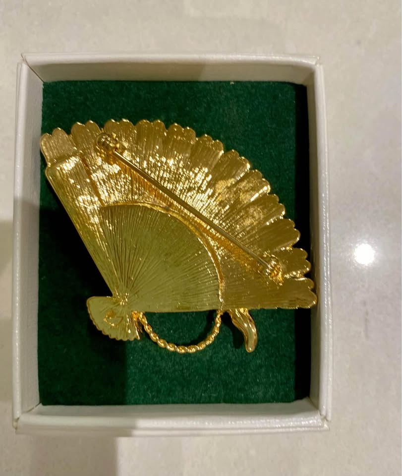 VINTAGE SWAROVSKI SPANISH FAN BROOCH PIN GOLD PLATED - photo 3