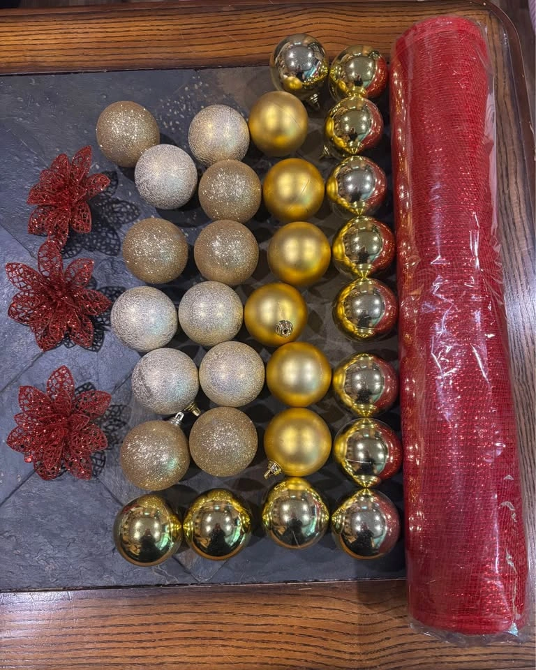 Gold & Champagne Christmas Ornament Lot with Red Deco Mesh