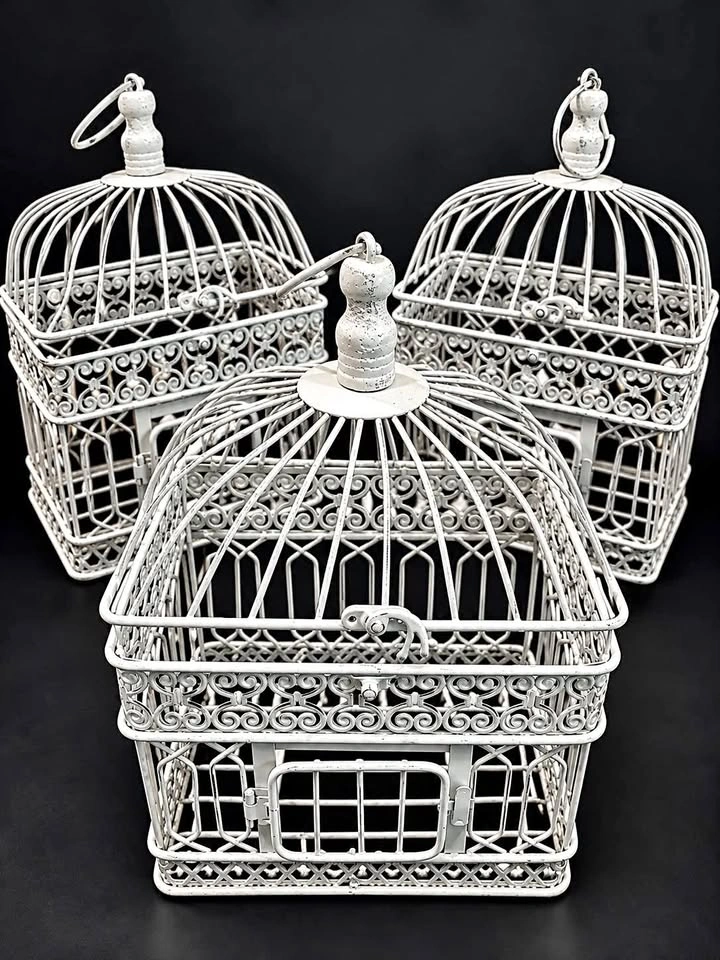 Set of 3 Decorative White Metal Birdcages – Vintage Wedding/Home