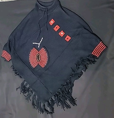 Exotic Hand Knitted Wool Crochet Poncho Black And Red