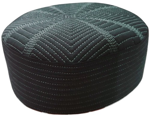 Islamic Prayer Cap, Black Quilted Cotton, Geometric Pattern