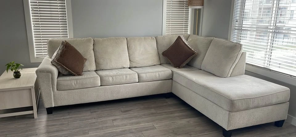 Beige Sectional Sleeper Sofa, Chaise,Throw pillows & bedsheet