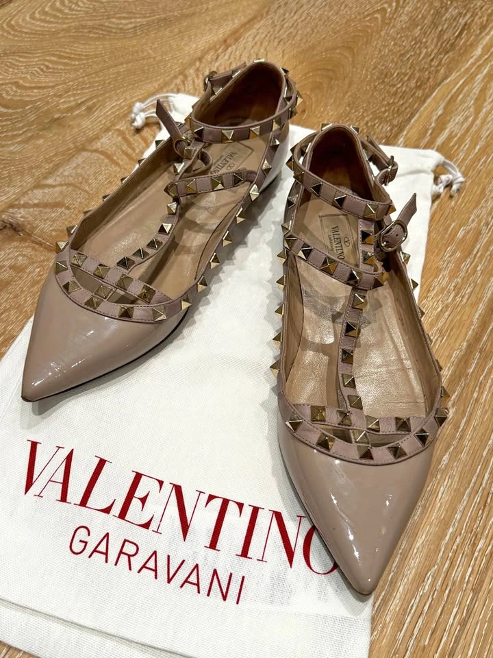 Valentino Rockstud Caged Flats in patent Poudre leather