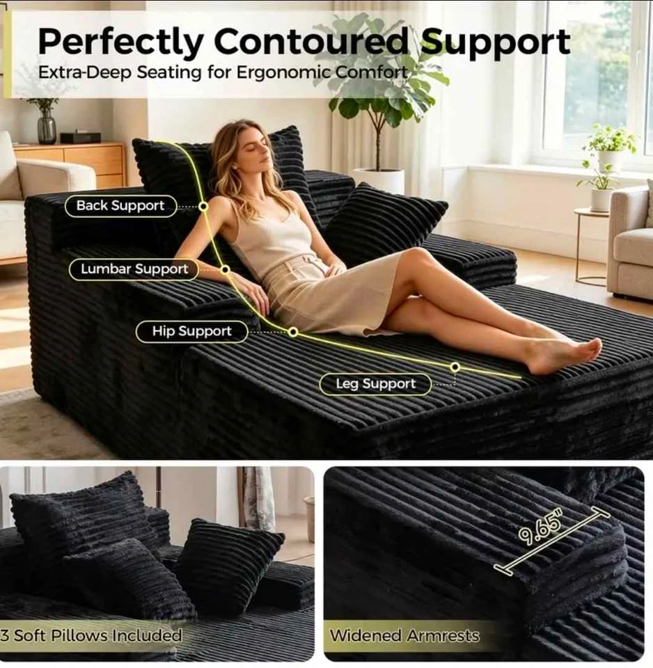 Oversized Corduroy Chaise Lounge Sofa Bed - Brown - photo 5