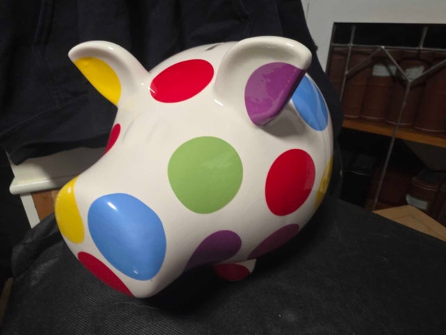 Fun & Colorful! Salt & Pepper Large Ceramic Polka Dot Piggy Bank