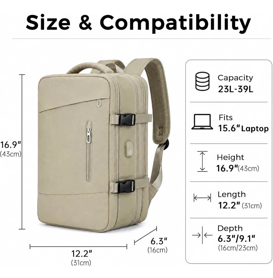 Expandable Laptop Backpack, 23L-39L Fits 15.6 Inch Laptop - photo 2