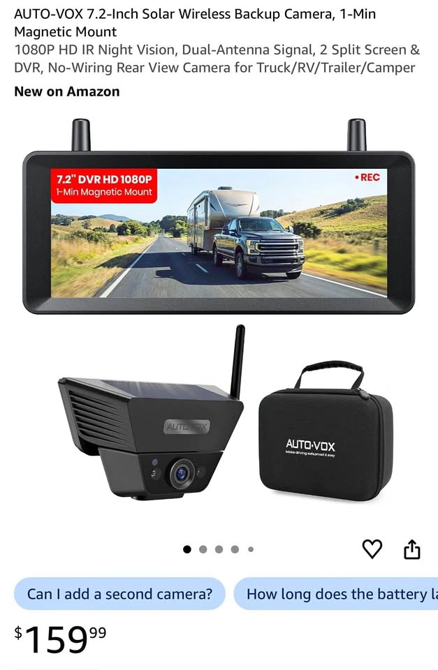 7.2” Solar Wireless Backup Camera, 1-Min Magnetic Mount