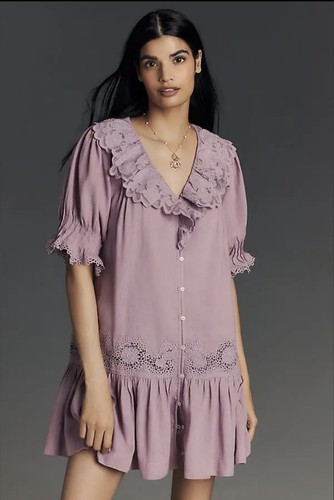 Anthropologie Purple Linen Blend Ruffle Tunic Dress MP