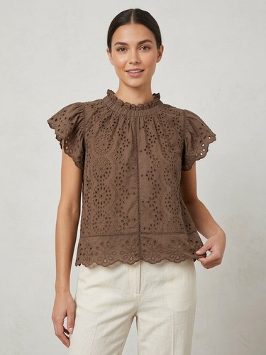 Jennifer Grace Eyelet Flutter Sleeve Blouse Brown Boho