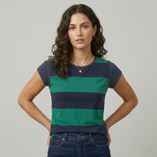 Tommy Hilfiger Mixed Media Striped Top M Green Navy Blue