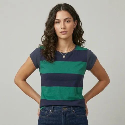 Tommy Hilfiger Mixed Media Striped Top M Green Navy Blue