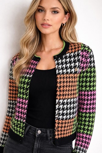 Teddy Fresh Houndstooth Colorblock Cardigan S 100% Cotton