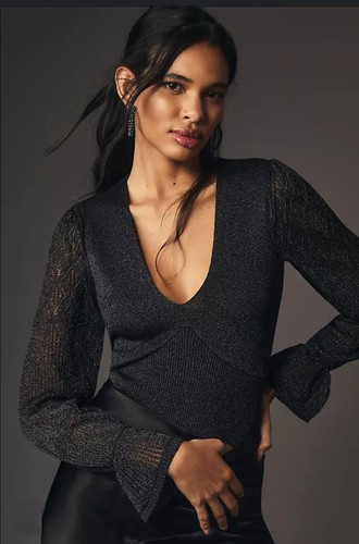 Anthropologie Sz L Metallic V-Neck Twofer Sweater