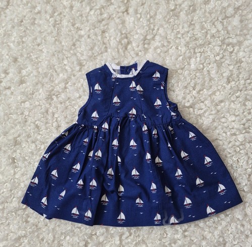 VTG Polly Flinders Nautical Sailboat Hand Smocked Blue Dress 18M