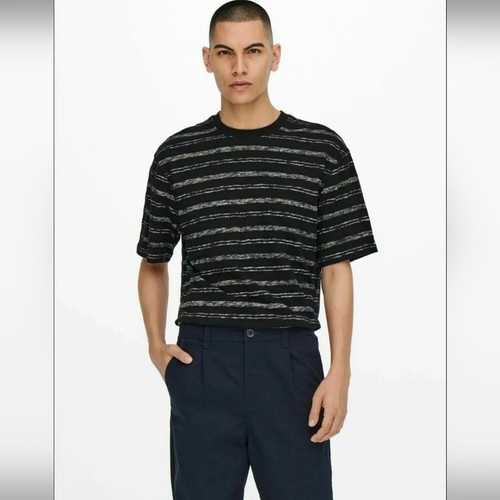 ONLY & SONS 100% Cotton Striped Black Tan Crew Neck T-Shirt