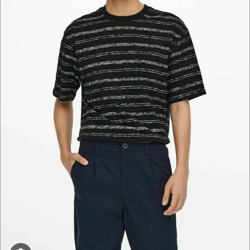 ONLY & SONS 100% Cotton Striped Black Tan Crew Neck T-Shirt - photo 3