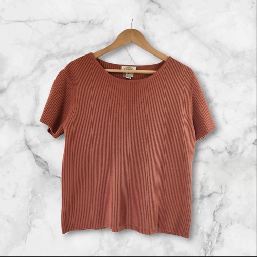 Talbots XL Ribbed Knit Short Sleeve Top Wool Rust Terracota